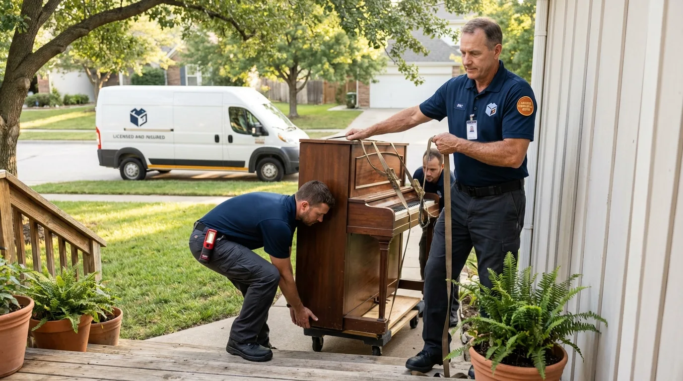 Licensed piano movers securing grand piano in Braselton, GA
